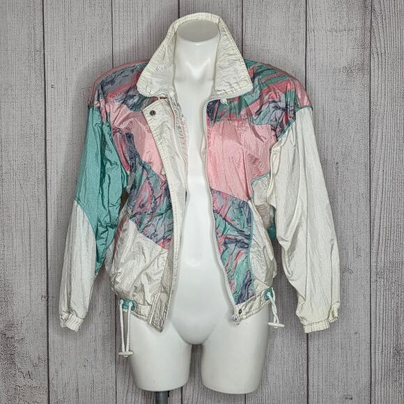 VTG 90s Pink & Green Pastel Windbreaker Jacket with Shoulder Pads, sz Small - Picture 1 of 6